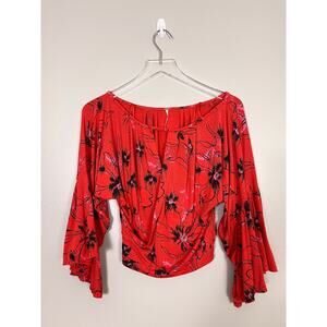 Free People Coral Floral XS Last Time Bell Sleeve Cropped Key Hole Top Shirt XS